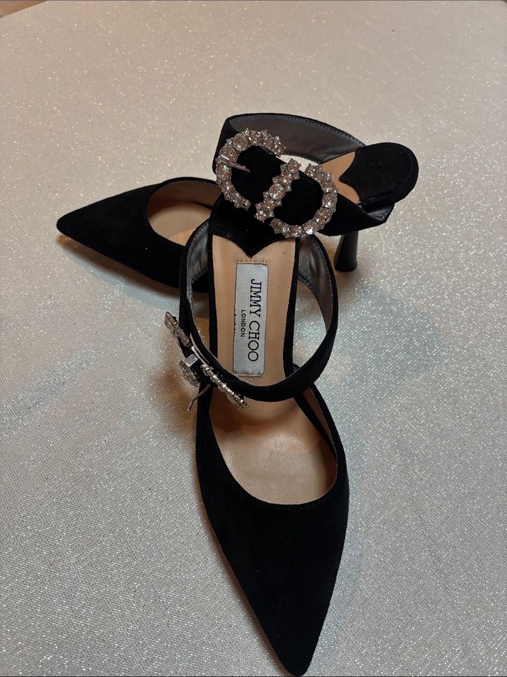 Jimmy Choo Black Suede Crystal Buckle Ankle-Strap Pumps
